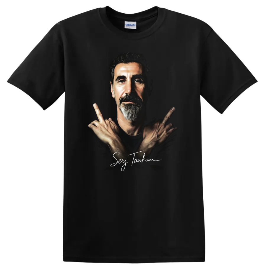 Serj Tankian portrait with crossed hands, dramatic alternative metal art on a Black T Shirt