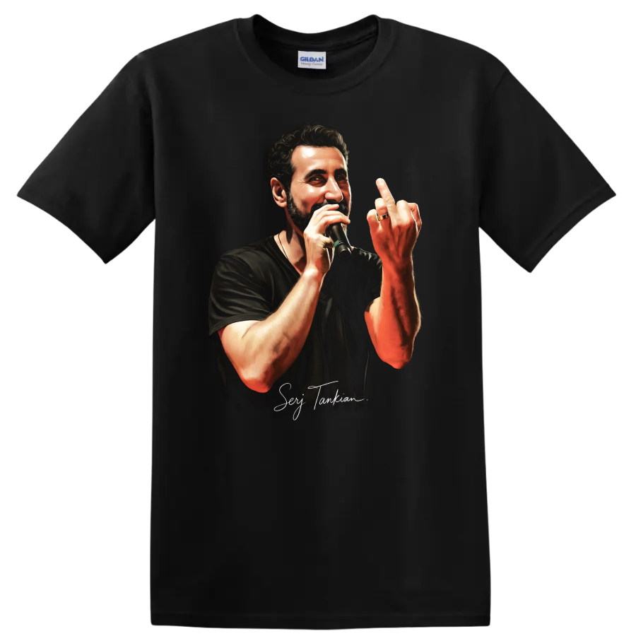 Serj Tankian pop-art portrait performing with a microphone on a Black T Shirt