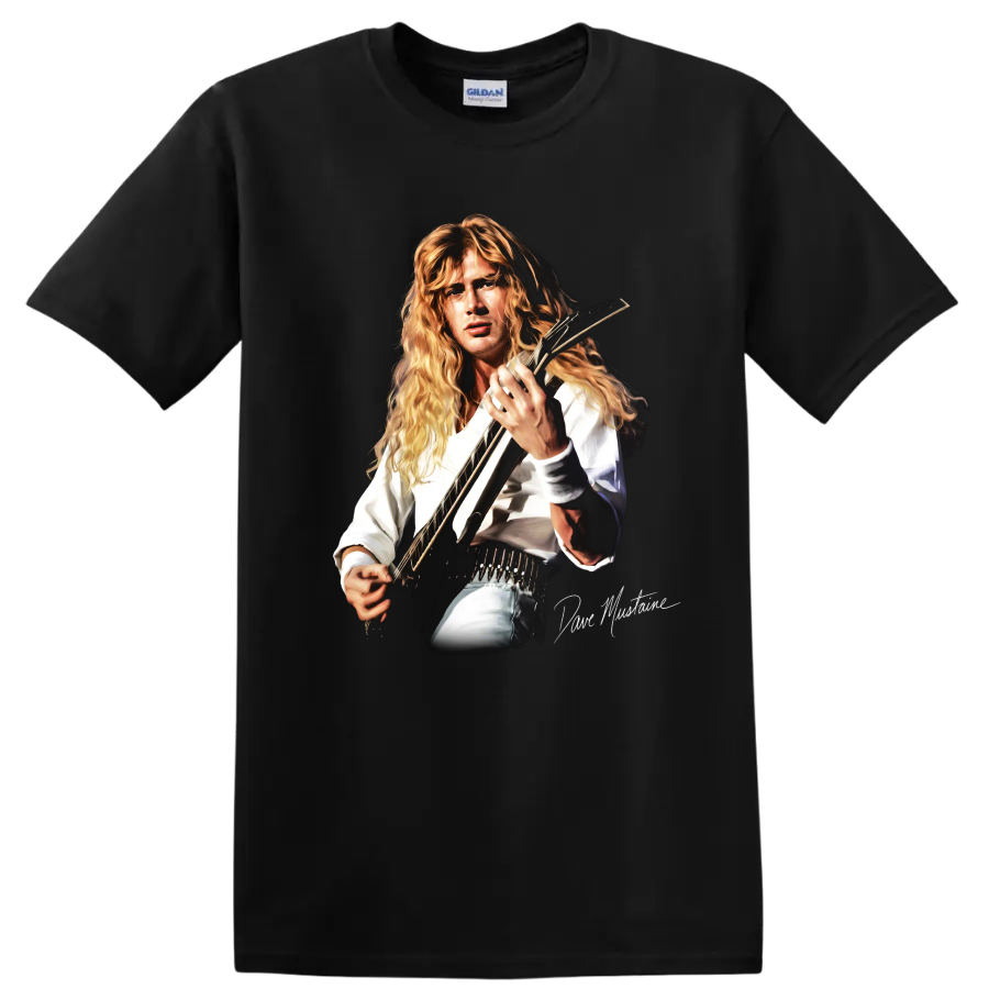 Dave Mustaine Megadeth thrash metal guitarist portrait with electric guitar on a Black T Shirt
