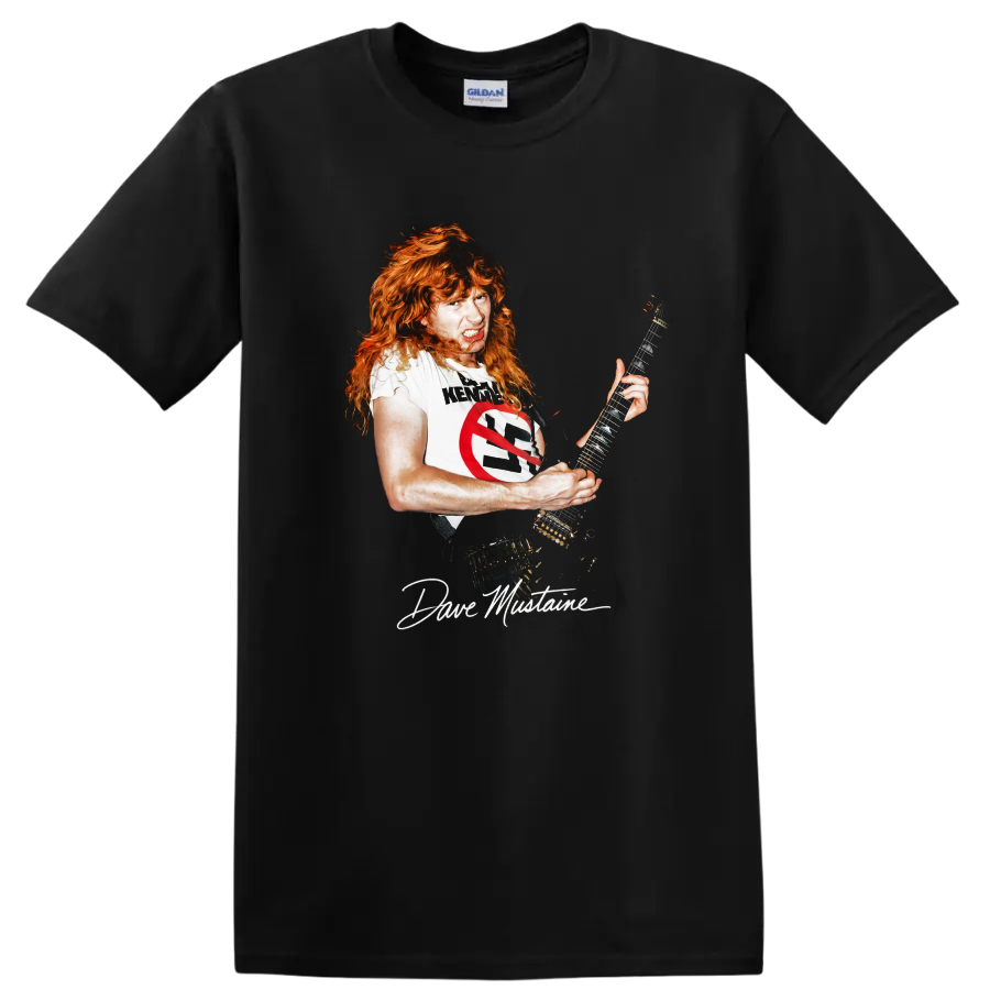 Dave Mustaine playing guitar in a bold thrash metal graphic on a Black T Shirt