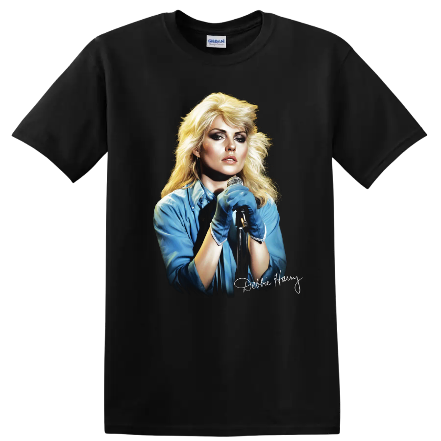 Debbie Harry Blondie singer portrait with microphone and signature on a Black T Shirt