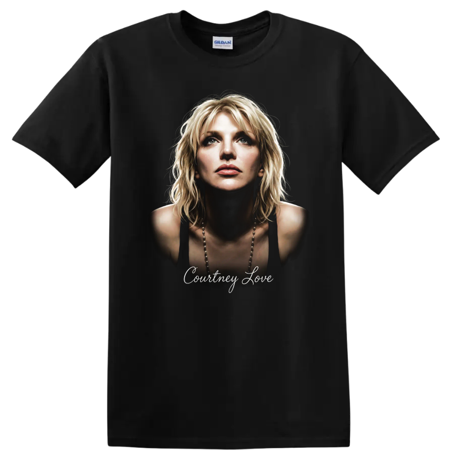 Courtney Love portrait with script text in a moody alternative rock design on a Black T Shirt