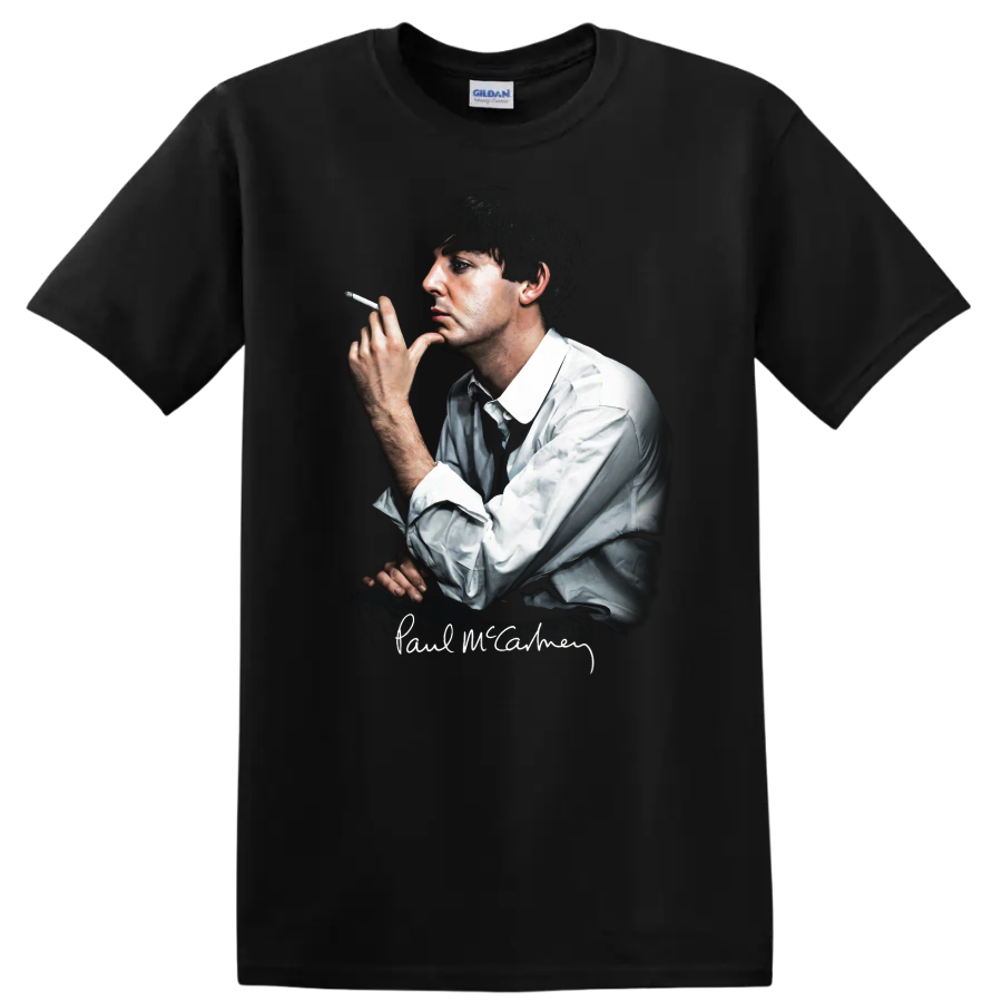 Paul McCartney portrait graphic with signature and cigarette on a Black T Shirt