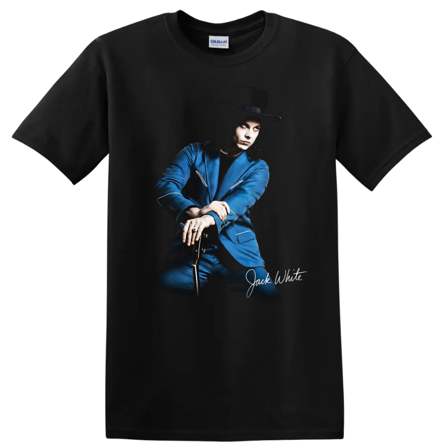 Jack White illustrated portrait in blue suit and wide-brim hat on a Black T Shirt