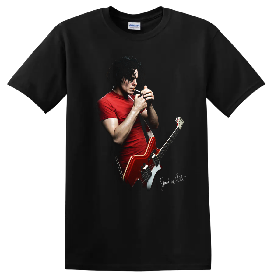 Jack White performing with a red guitar graphic print on a Black T Shirt