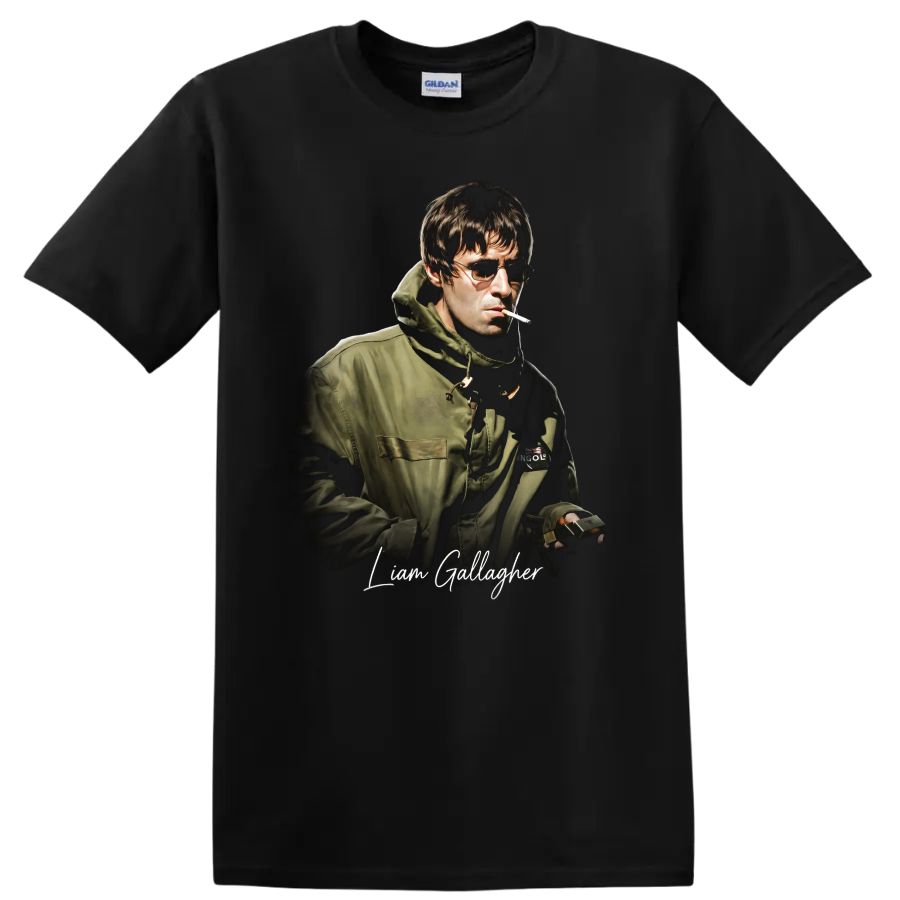Liam Gallagher Oasis Britpop portrait with sunglasses and script lettering on a Black T Shirt