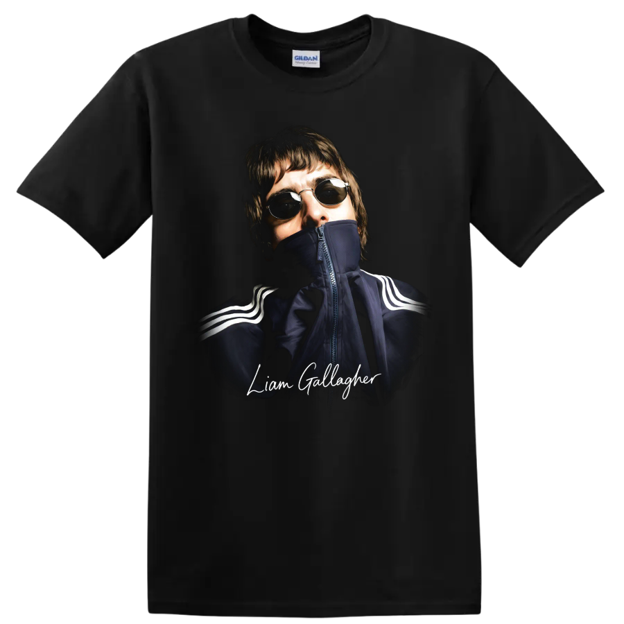 Liam Gallagher portrait with sunglasses and handwritten name graphic on a Black T Shirt