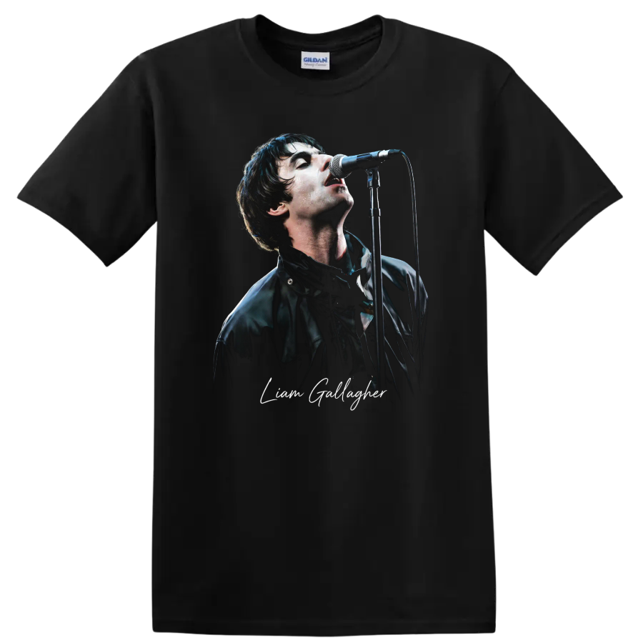 Liam Gallagher performing at a microphone in a high-contrast portrait graphic on a Black T Shirt