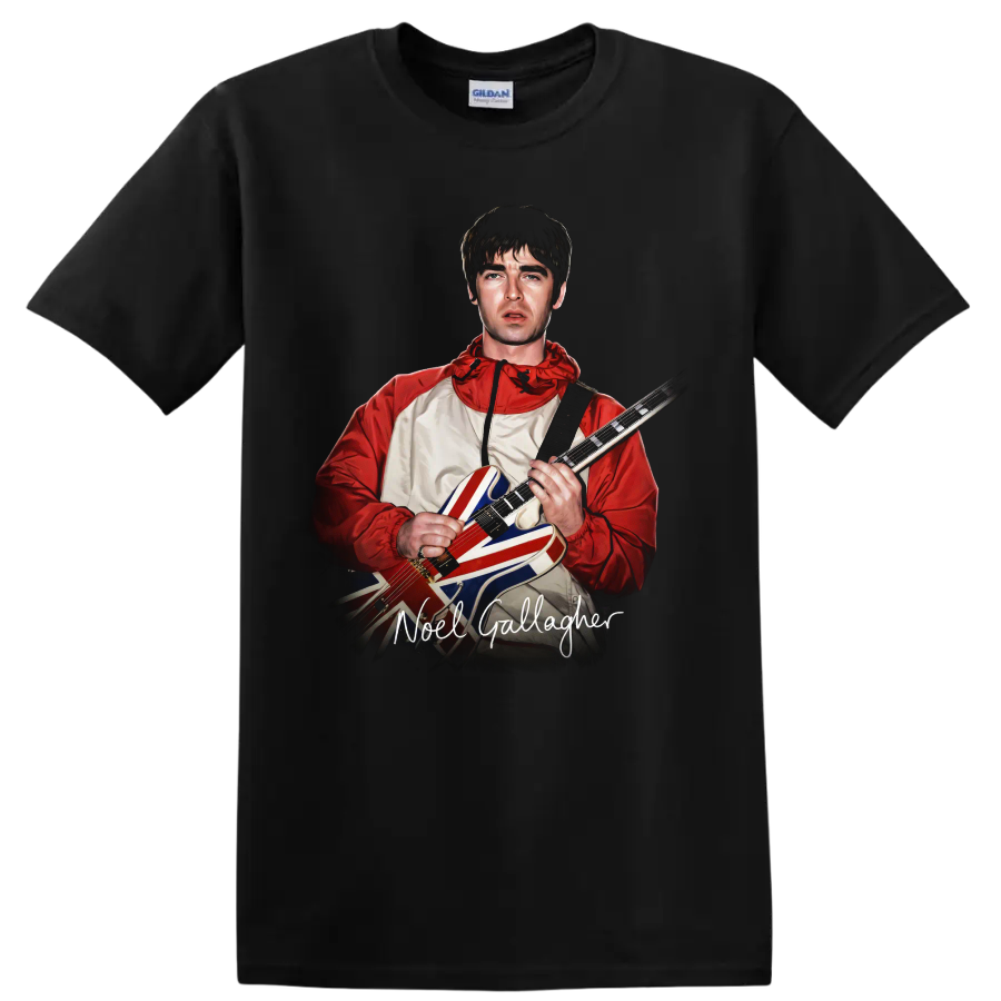 Noel Gallagher Oasis portrait with Union Jack guitar and signature text on a Black T Shirt