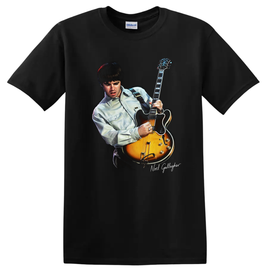 Noel Gallagher playing a sunburst Epiphone Riviera guitar graphic on a Black T Shirt