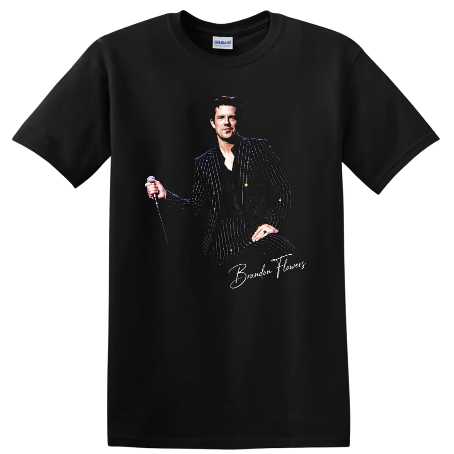 Brandon Flowers of The Killers illustrated portrait holding a microphone on a Black T Shirt