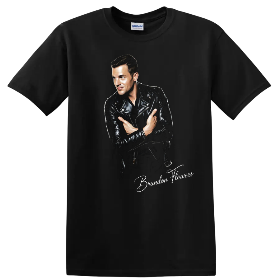 Brandon Flowers portrait in leather jacket, rock music graphic on a Black T Shirt