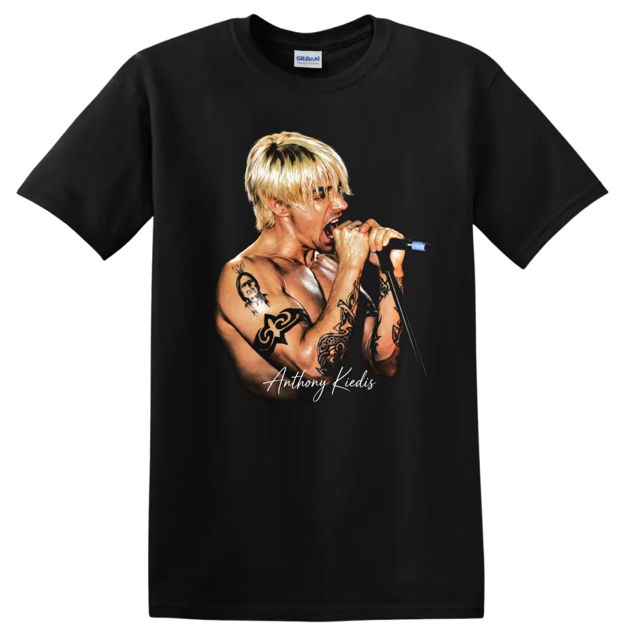 Anthony Kiedis performing into a microphone, detailed rock music portrait on a Black T Shirt