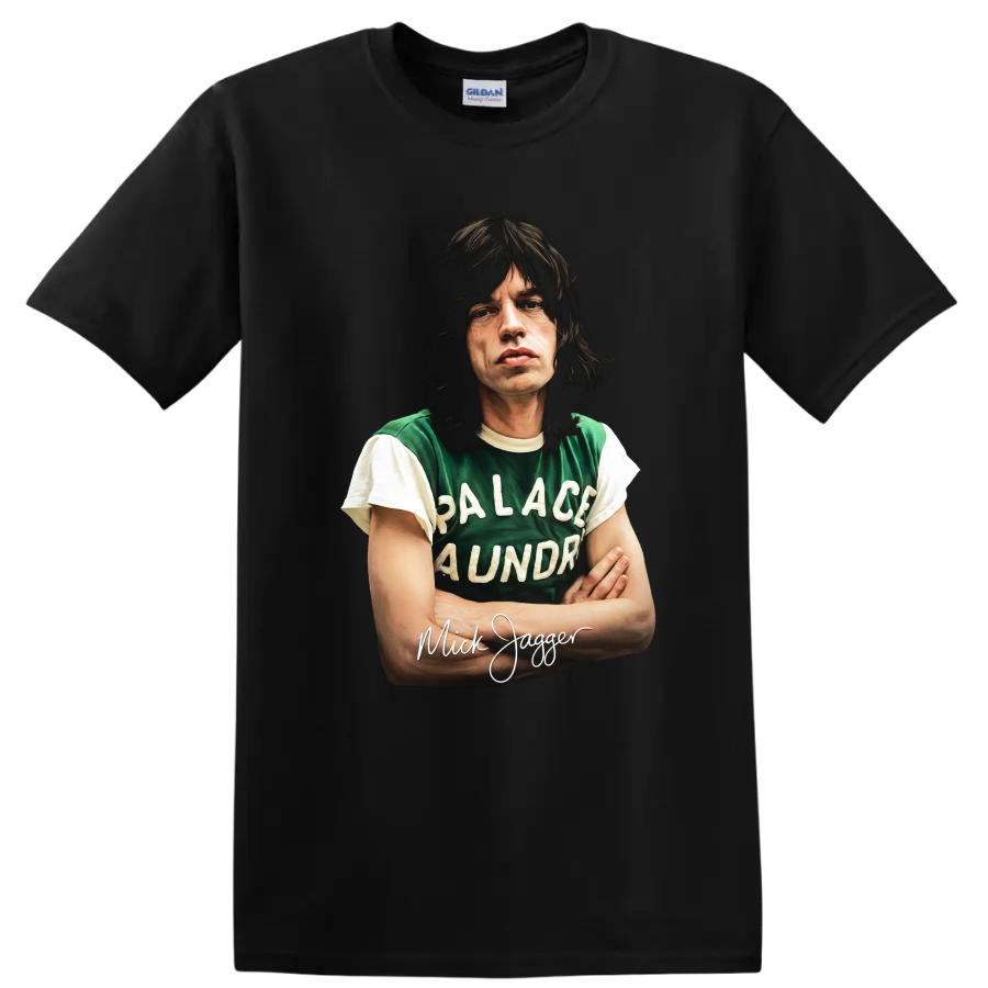 Mick Jagger Palace Laundry portrait graphic with handwritten name on a Black T Shirt