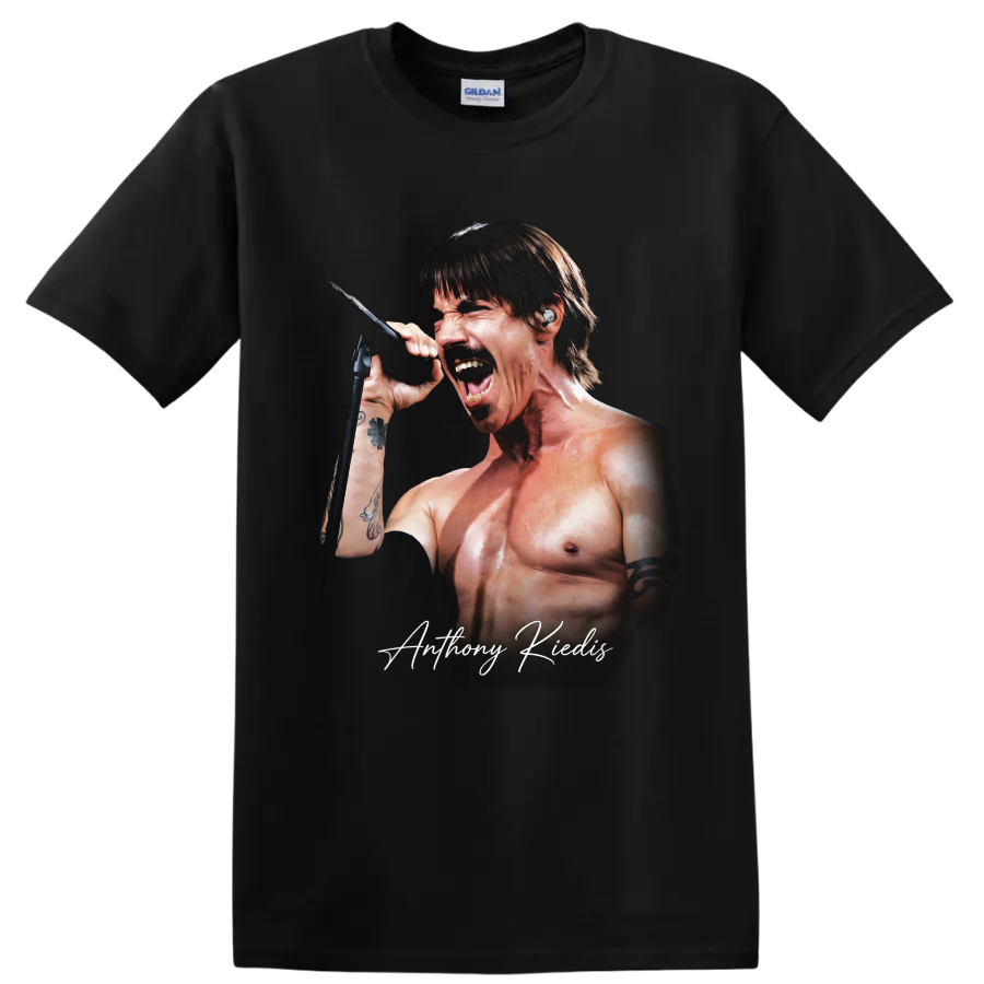 Anthony Kiedis singing into a microphone, rock portrait graphic on a Black T Shirt