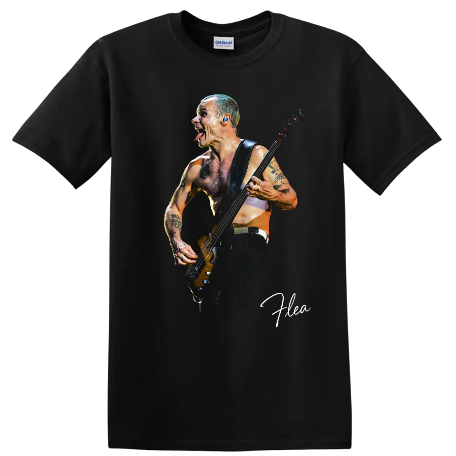 Flea playing bass in a dynamic Red Hot Chili Peppers graphic on a Black T Shirt