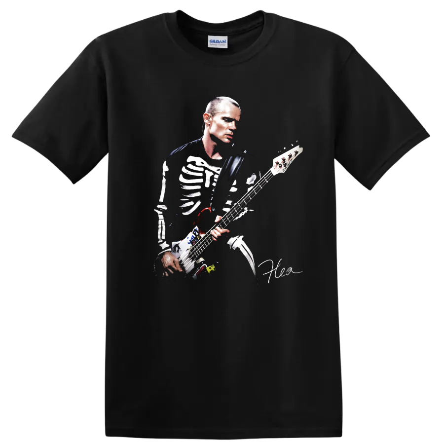 Flea playing bass in a dramatic Red Hot Chili Peppers poster design on a Black T Shirt