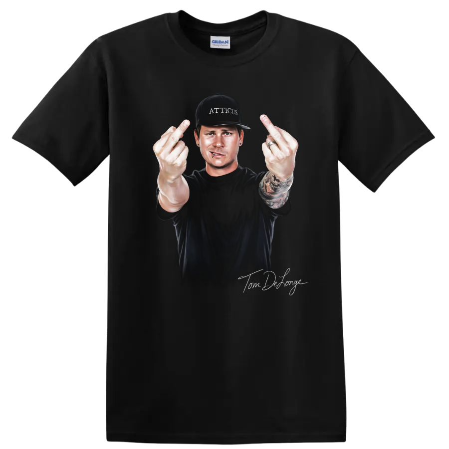 Tom DeLonge Blink-182 pop-punk portrait with rebellious hand gesture on a Black T Shirt