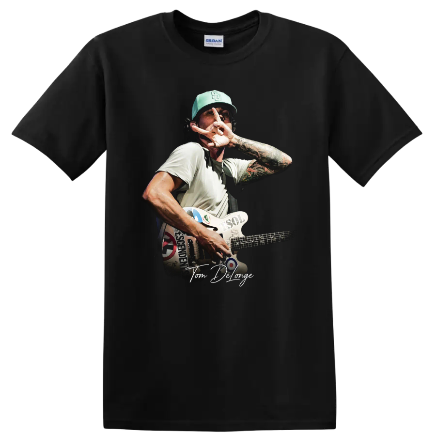 Tom DeLonge Blink-182 pop-punk guitar concert graphic on a Black T Shirt