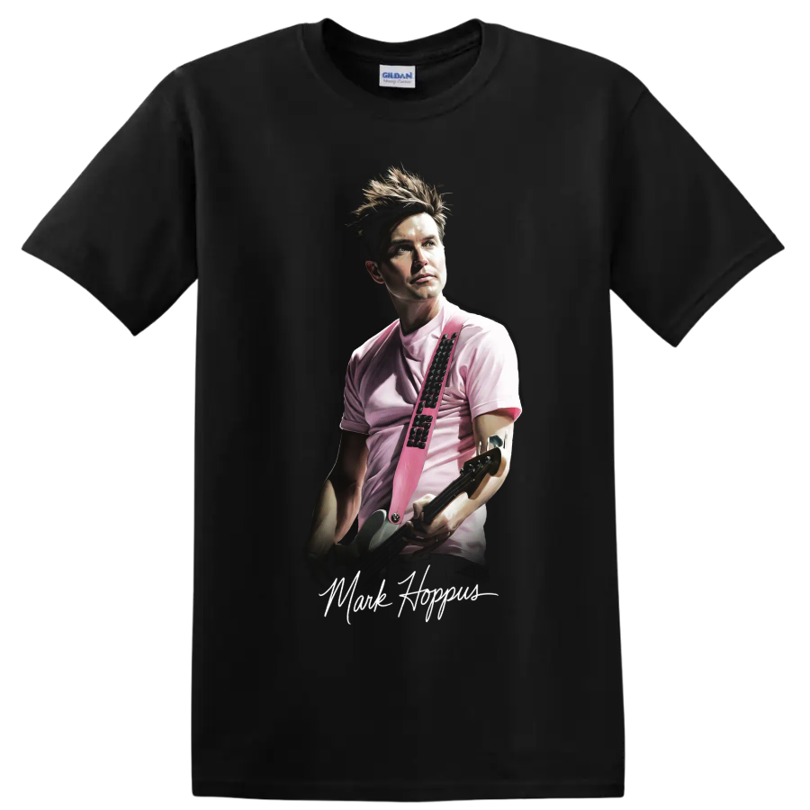 Mark Hoppus blink-182 pop-punk portrait holding a guitar on a Black T Shirt