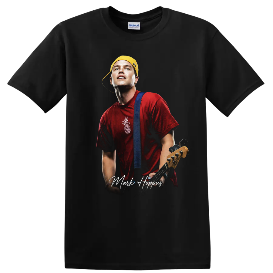 Mark Hoppus Blink-182 pop-punk portrait with bass guitar on a Black T Shirt