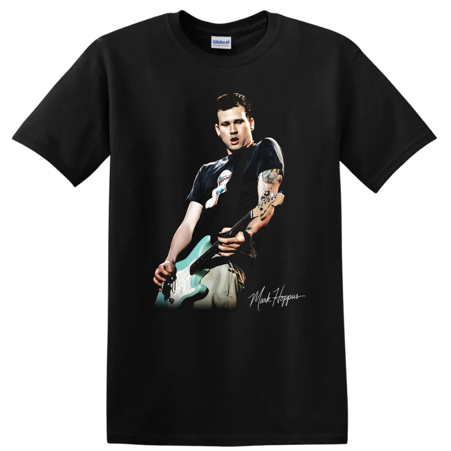 Mark Hoppus of Blink-182 playing an electric guitar in pop-punk graphic art on a Black T Shirt