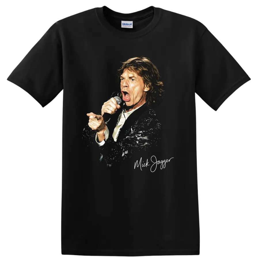 Mick Jagger The Rolling Stones performance portrait graphic print on a Black T Shirt