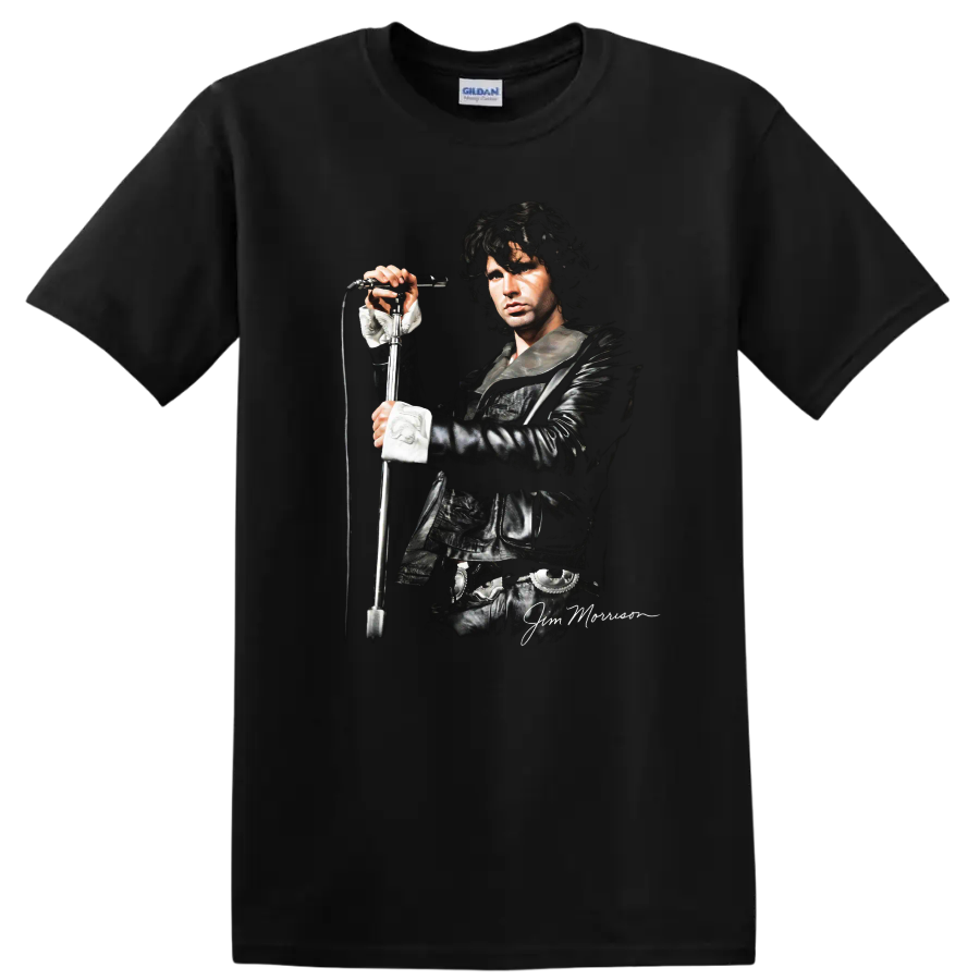 Jim Morrison of The Doors black and white rock portrait with microphone on a Black T Shirt