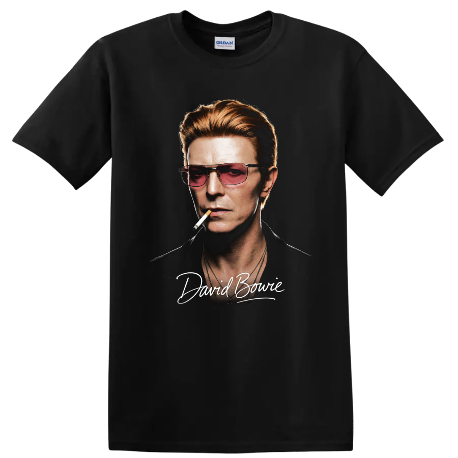David Bowie portrait graphic with sunglasses, cigarette, and signature text on a Black T Shirt