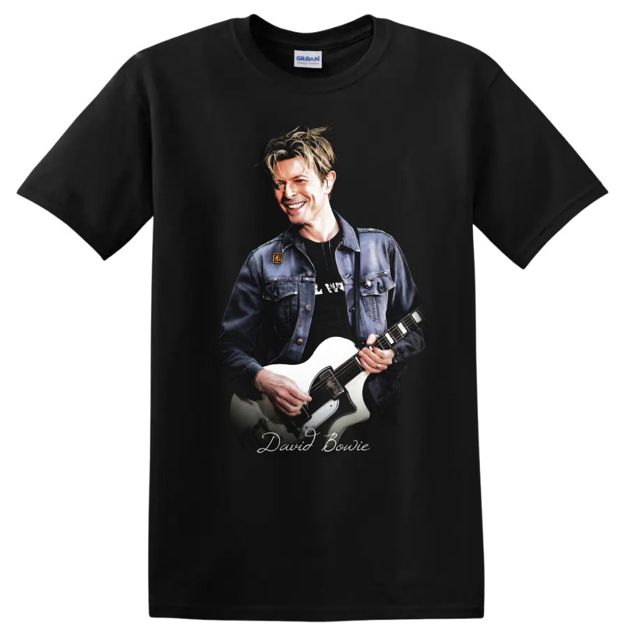 David Bowie portrait playing a white electric guitar graphic print on a Black T Shirt