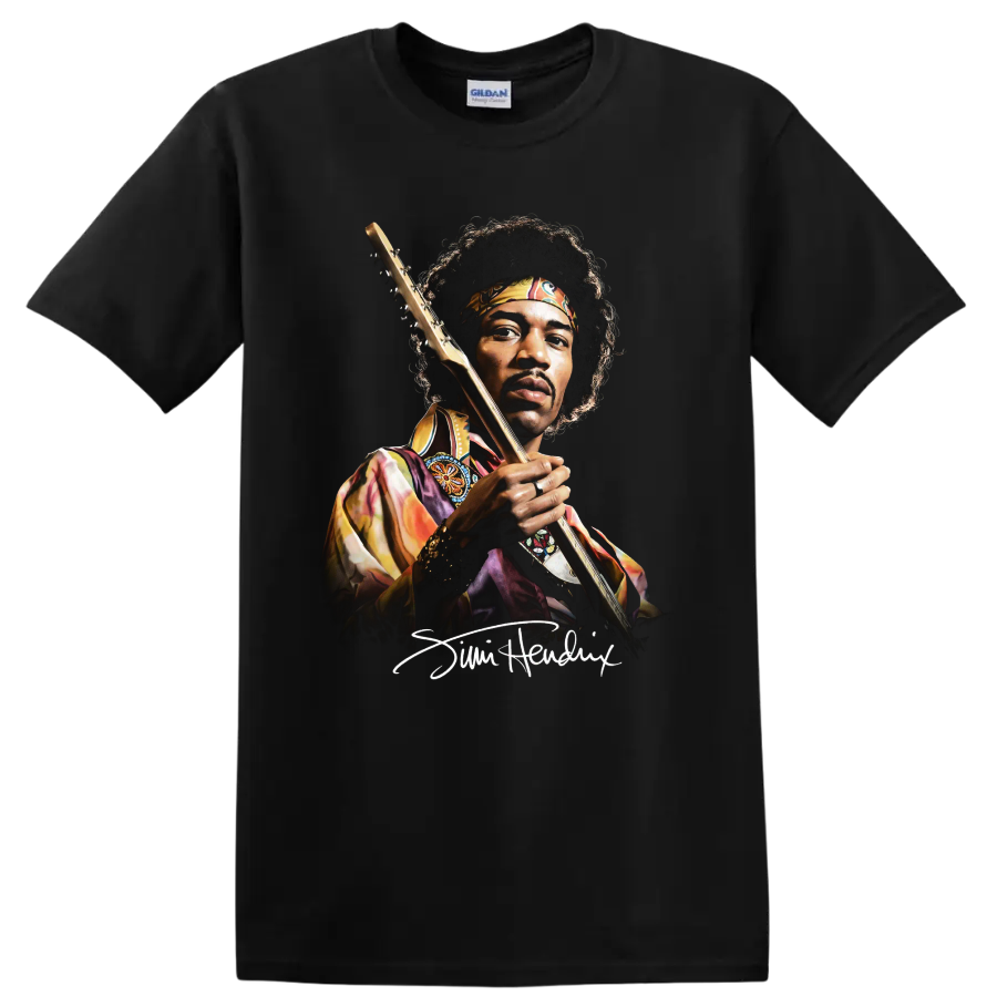 Jimi Hendrix watercolor portrait holding a guitar on a Black T Shirt