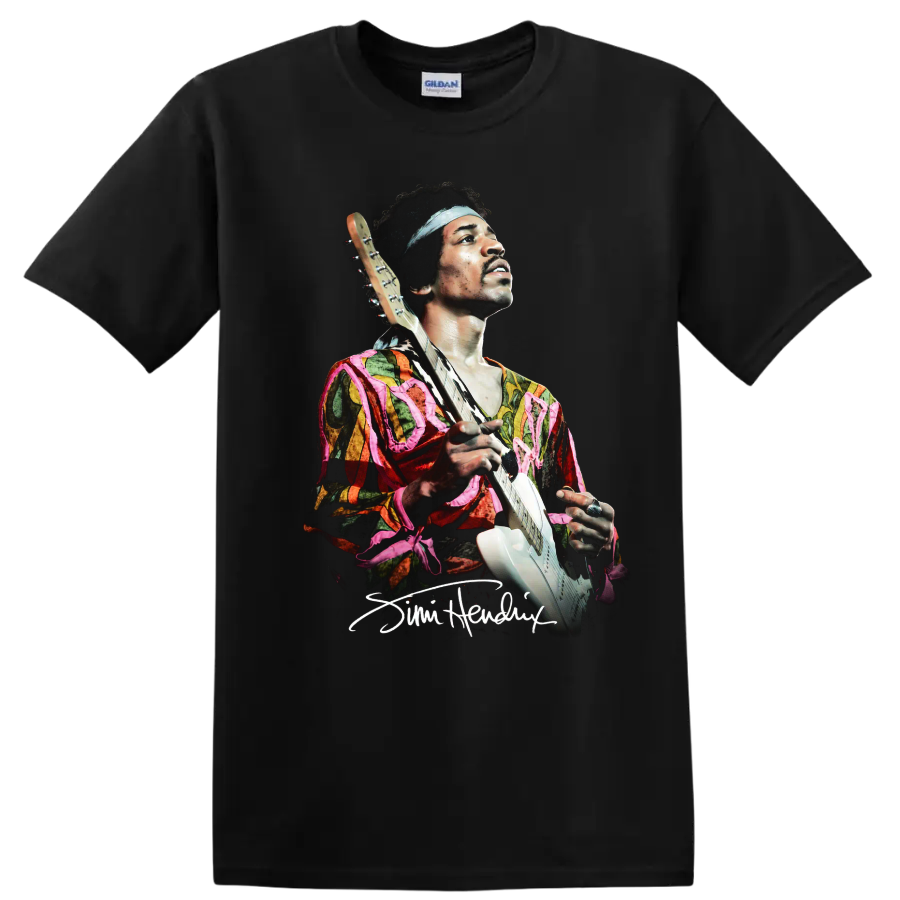 Jimi Hendrix psychedelic portrait holding an electric guitar on a Black T Shirt