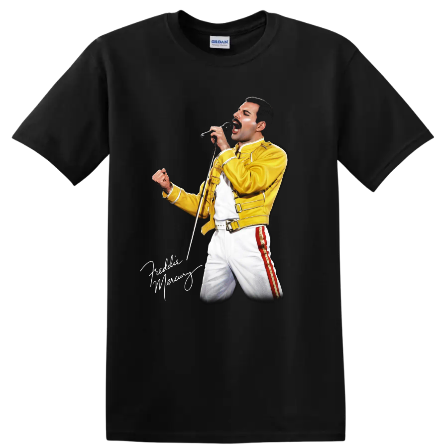 Freddie Mercury performing in yellow 1986 Magic Tour outfit graphic on a Black T Shirt