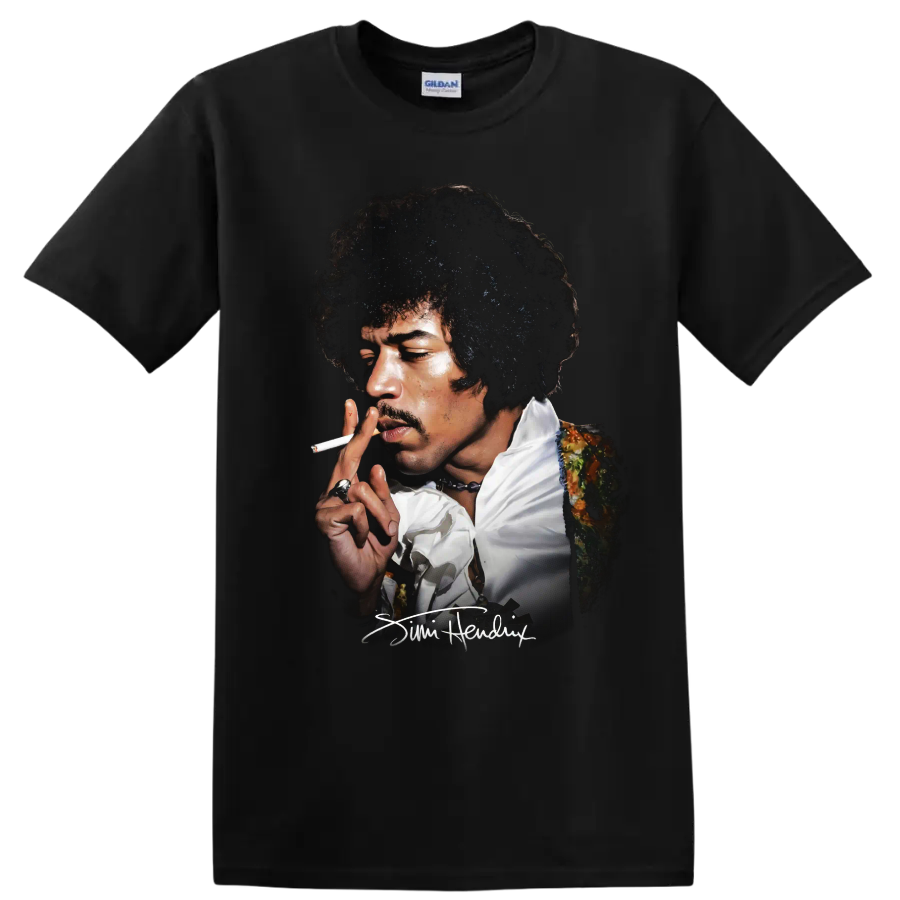 Jimi Hendrix psychedelic rock portrait with signature on a Black T Shirt