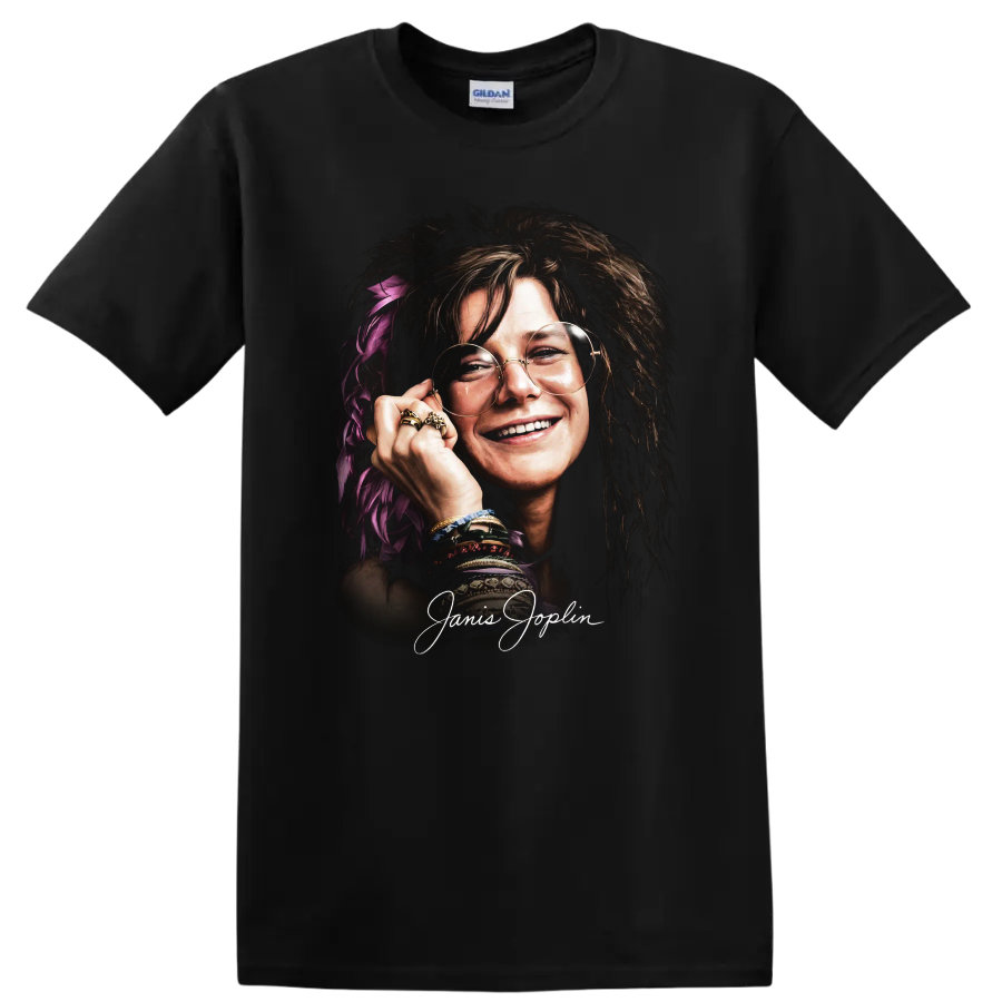 Janis Joplin psychedelic soul portrait graphic print on a Black T Shirt