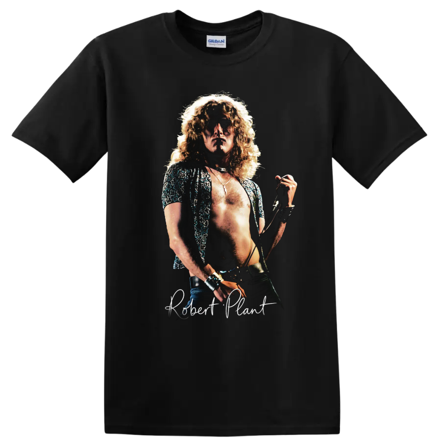 Robert Plant Led Zeppelin vintage rock singer portrait on a Black T Shirt