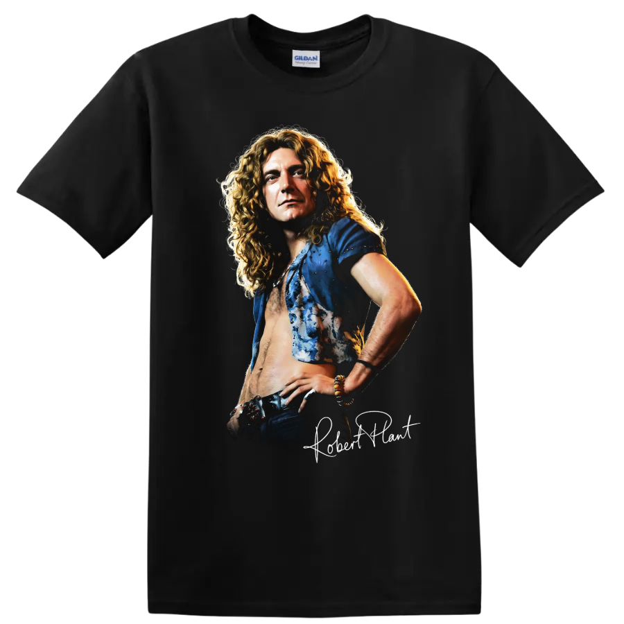 Robert Plant Led Zeppelin rock music portrait graphic print on a Black T Shirt