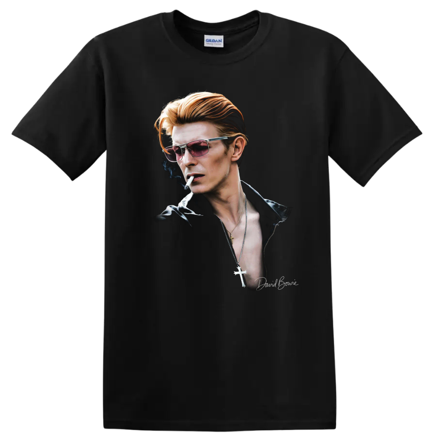 David Bowie Thin White Duke portrait in a moody glam rock style on a Black T Shirt