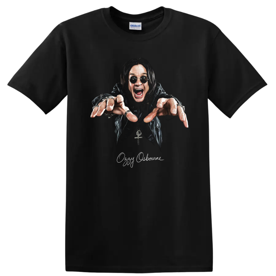 Ozzy Osbourne heavy metal portrait graphic with dramatic reaching pose on a Black T Shirt