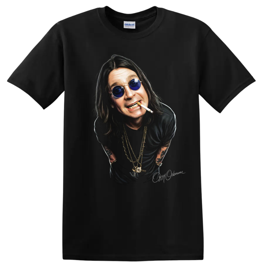 Ozzy Osbourne Black Sabbath heavy metal portrait graphic with blue glasses on a Black T Shirt