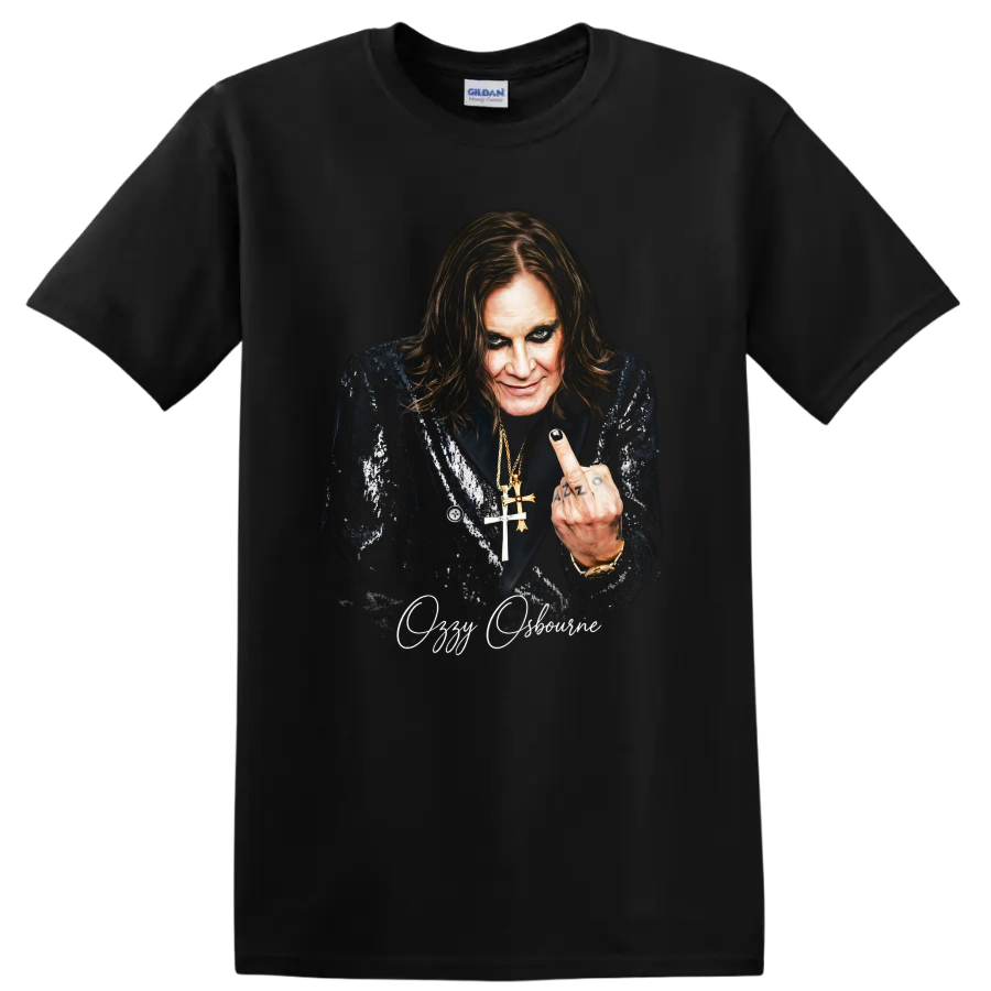 Ozzy Osbourne portrait in a dark heavy metal graphic with script text on a Black T Shirt