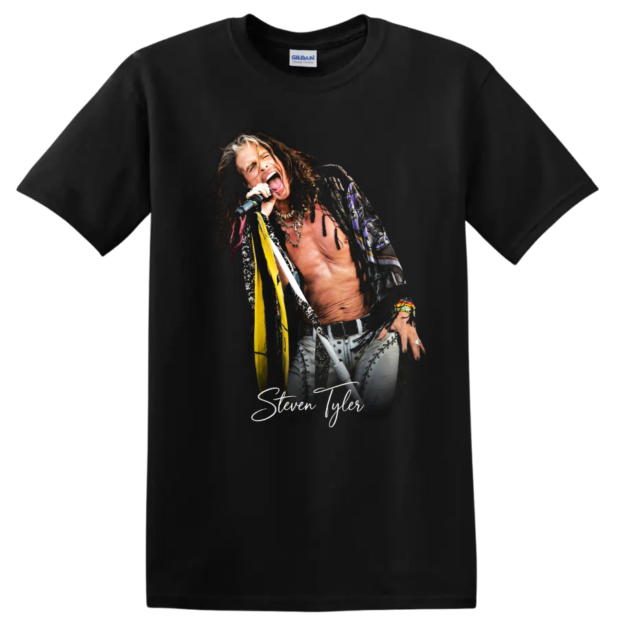 Steven Tyler Aerosmith rock singer portrait with signature graphic on a Black T Shirt