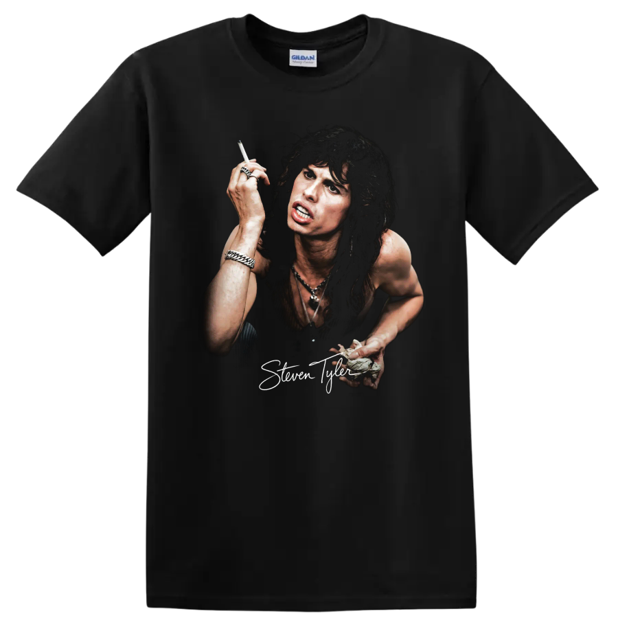 Steven Tyler Aerosmith rock portrait graphic print on a Black T Shirt