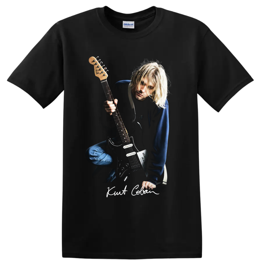 Kurt Cobain grunge portrait holding an electric guitar on a Black T Shirt