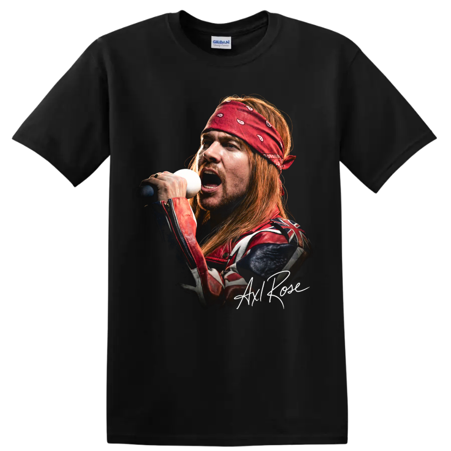 Axl Rose Guns N' Roses hard rock vocalist portrait with signature on a Black T Shirt