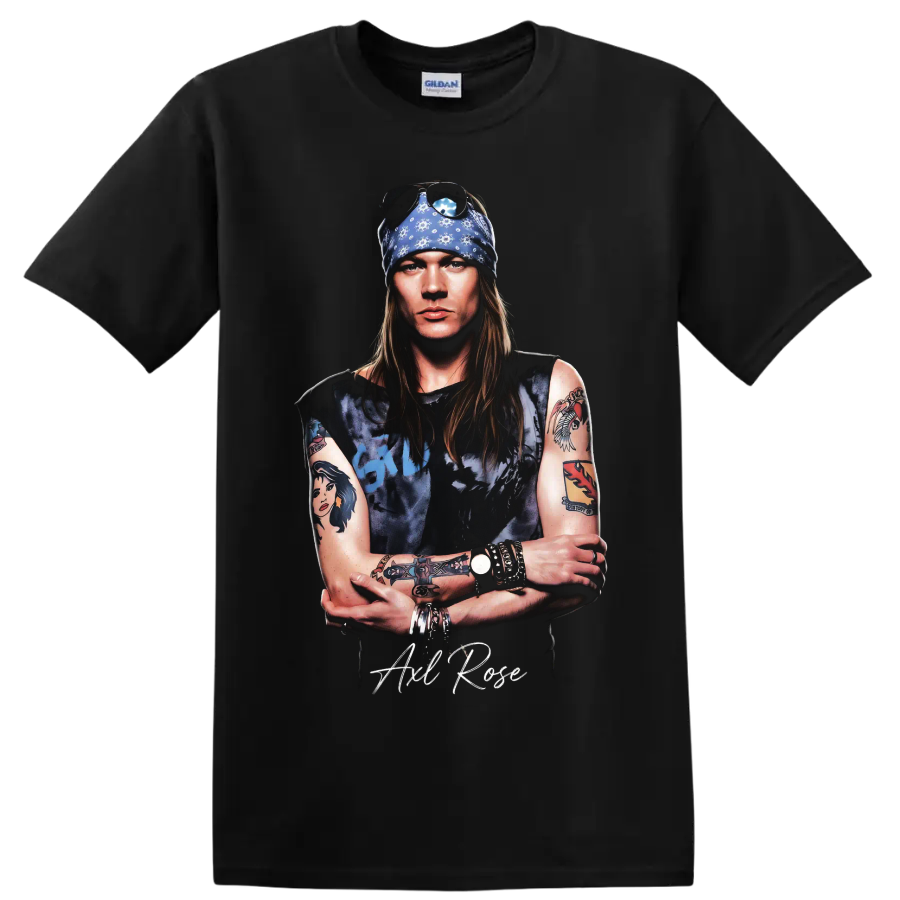 Axl Rose Guns N' Roses pop-art portrait with blue bandana on a Black T Shirt