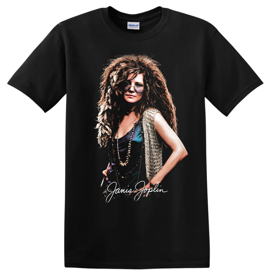 Janis Joplin pop-art rock portrait with handwritten name on a Black T Shirt