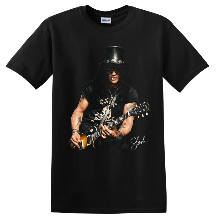 Slash Guns N' Roses guitarist portrait with top hat and electric guitar on a Black T Shirt