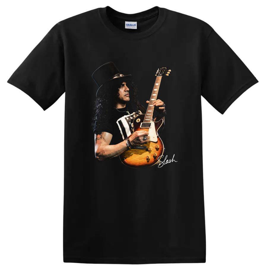 Slash portrait playing a sunburst Gibson Les Paul-style electric guitar on a Black T Shirt