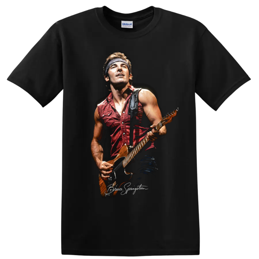 Bruce Springsteen pop-art portrait performing with an electric guitar on a Black T Shirt